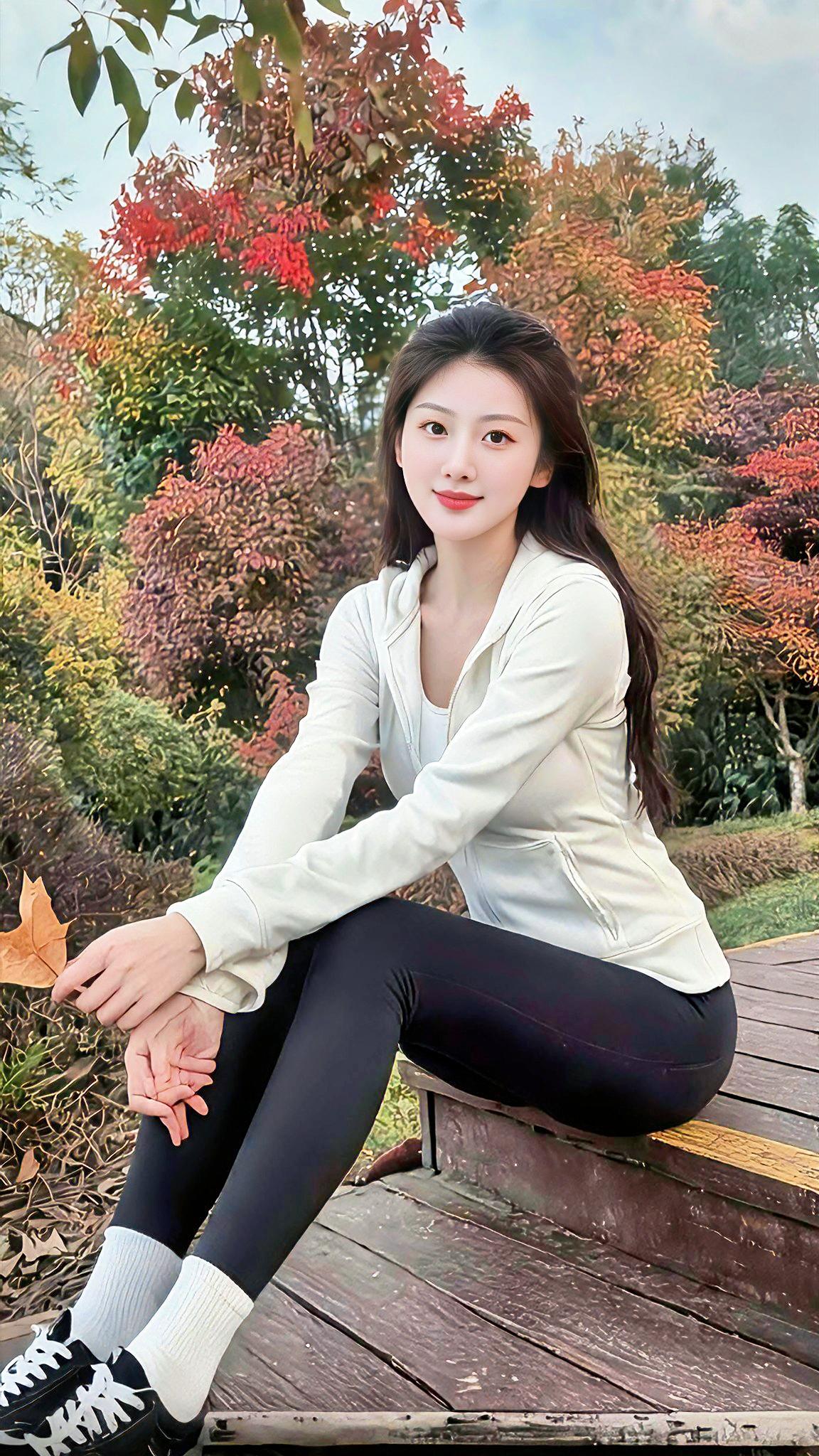 什么样的穿搭可以成为气质女神?秋日暖阳下的少女，静坐木凳，享受宁静时光。