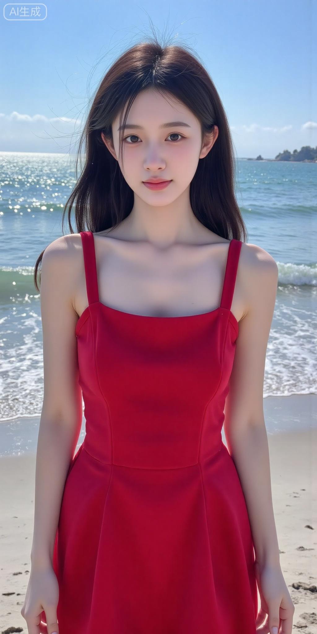 海边的红裙氛围感美人正红吊带裙衬得皮肤像浸了光，清爽又明艳~海风扬起的发丝