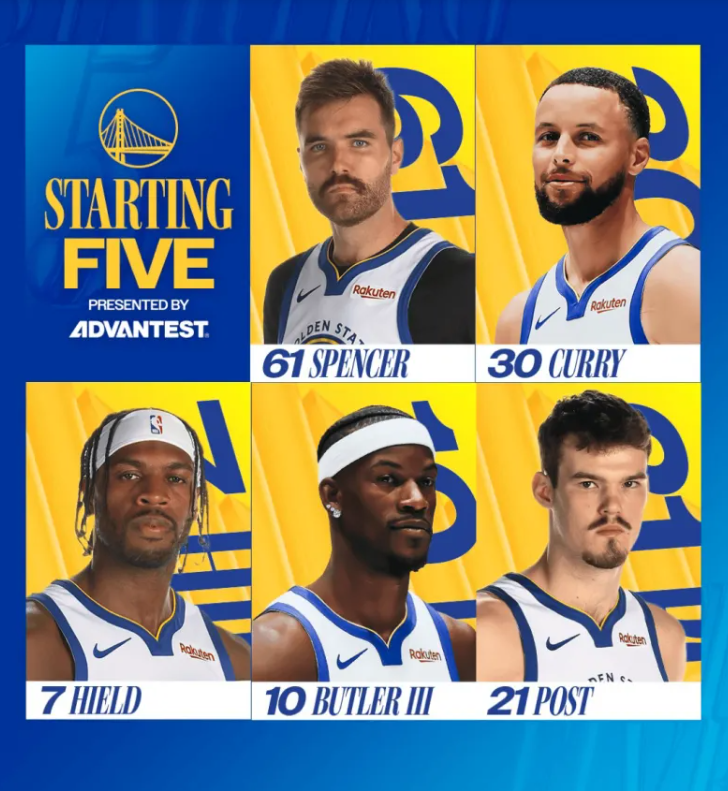 NBA常规赛，勇士对阵森林狼。勇士今日首发：斯潘塞、库里、希尔德、巴特勒、波斯