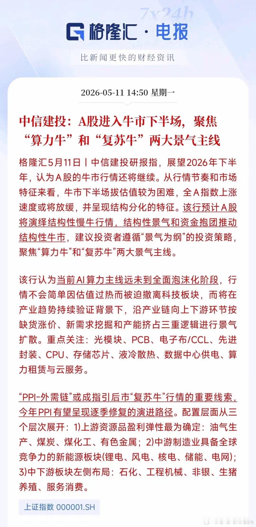 机构明确表示：A股已经进入牛市下半场，并且给出了两条主线今天A股突破了前期高点
