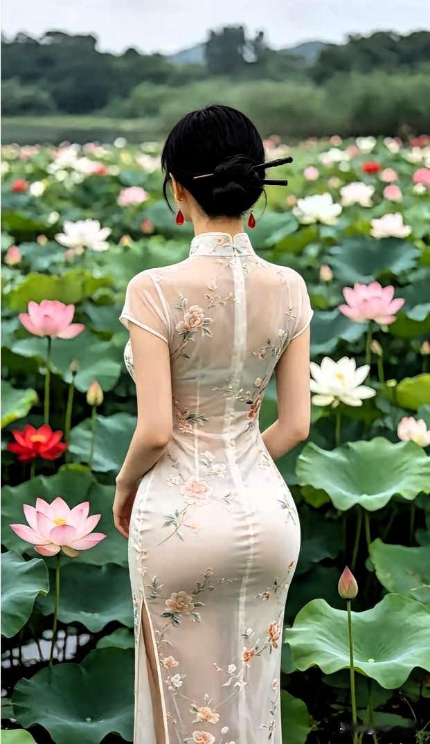 清风拂过荷塘，荷叶层层舒展，荷花亭亭绽放。一身素雅旗袍，静立于万顷荷色之间，无需