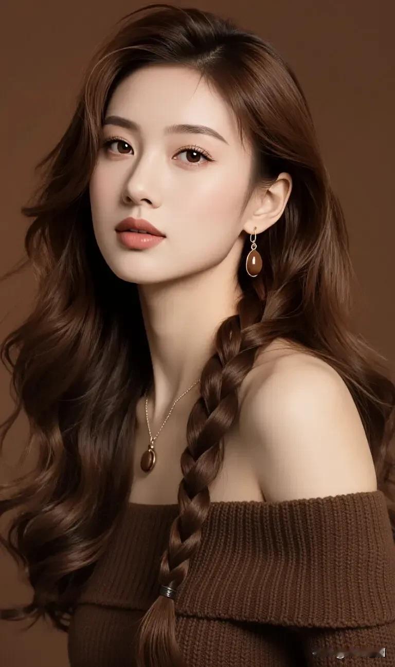 焦糖色的温柔裹着暖意，发丝一半卷曲，一半编成慵懒的辫，耳坠与锁骨间的坠饰相映