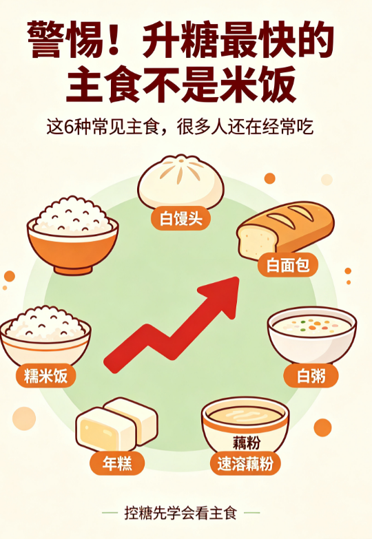 升糖快的6种主食，米饭没排上一碗白粥的GI值能到90，跟葡萄糖只差10。比白米饭还猛。以下6种家常主