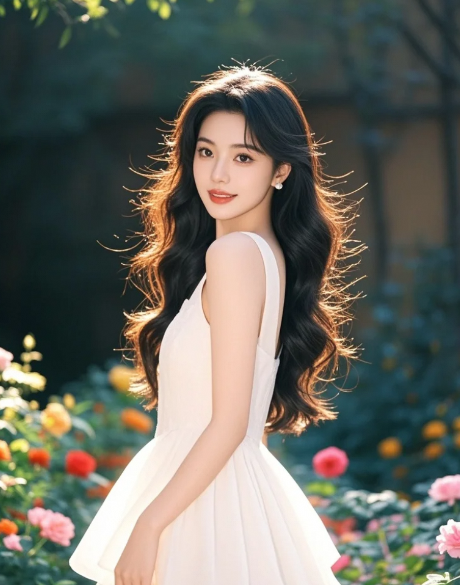 阳光为她的长发镀上金边，笑容是其中最耀眼的光芒
