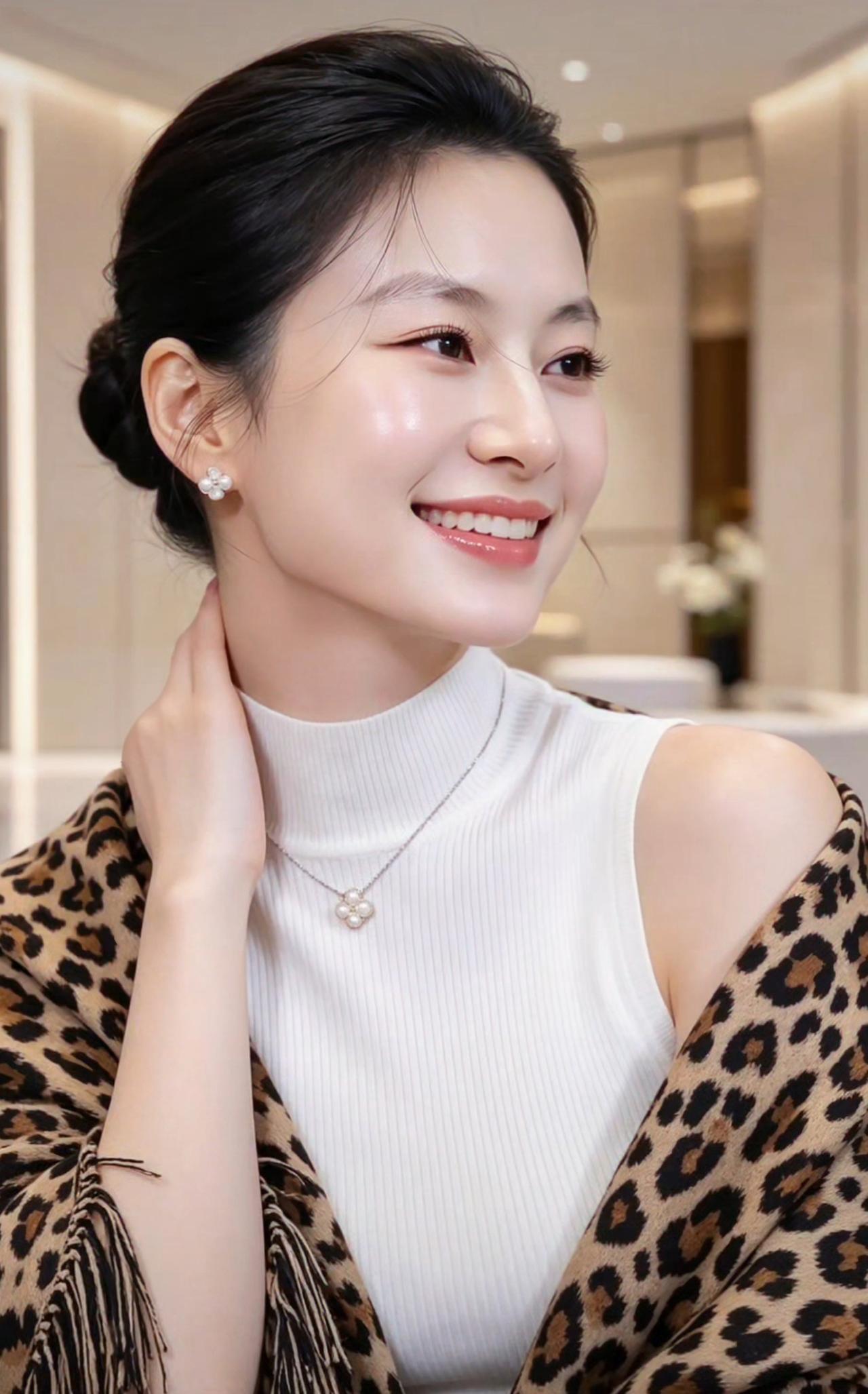 这位美女在微笑，穿着白色高领衫和豹纹外套。