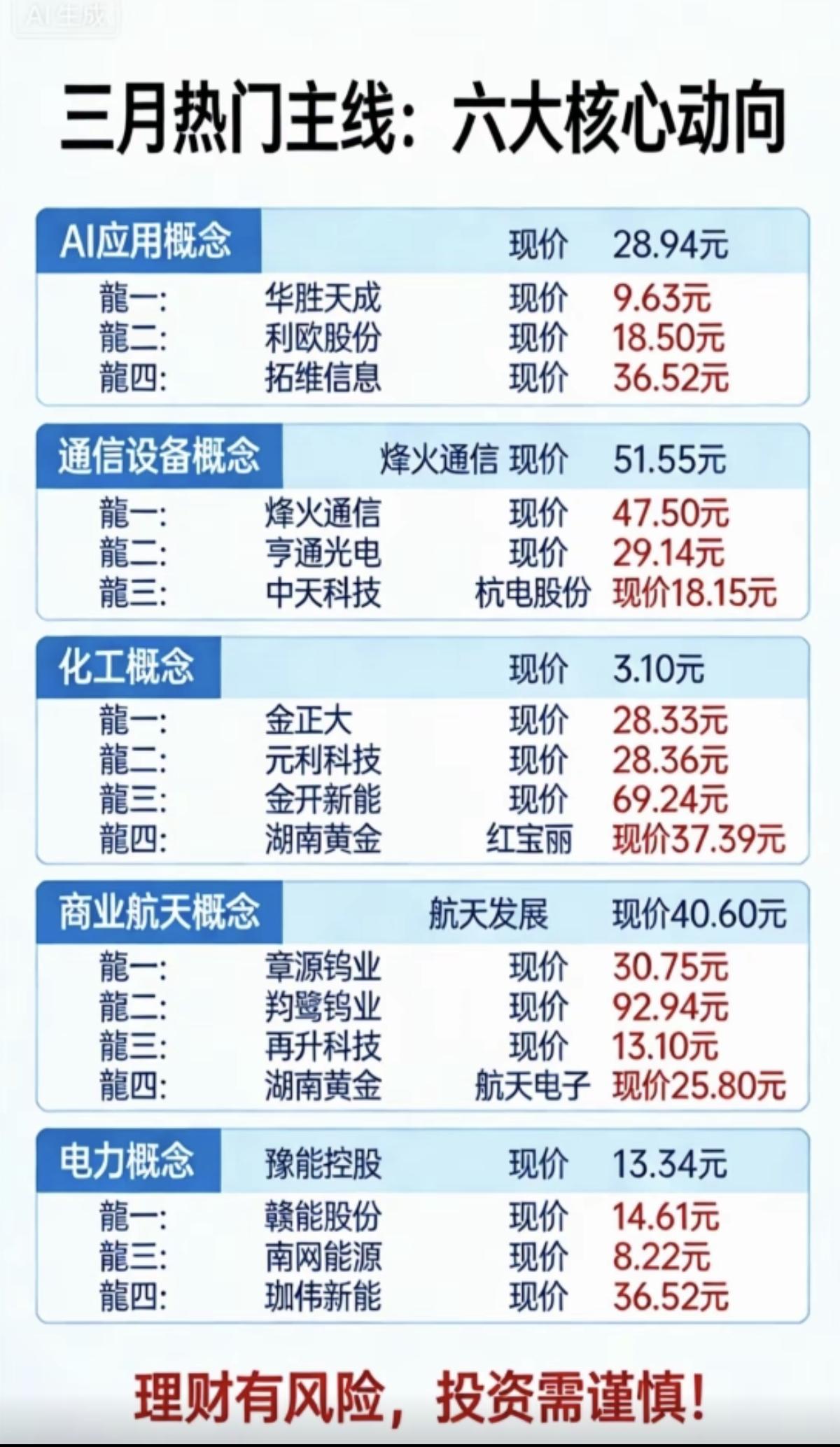 三月热门主线：六大核心方向！1.人工智能、AI应用2.通信设备3.化工原