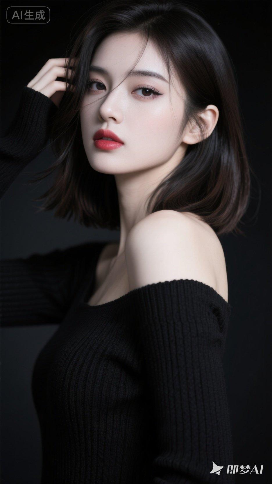 冷艳黑发少女，红唇诱惑，尽显优雅魅力。