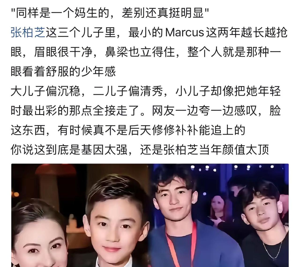 "同样是一个妈生的，差别还真挺明显"张柏芝这三个儿子里，最小的Marcus这两年