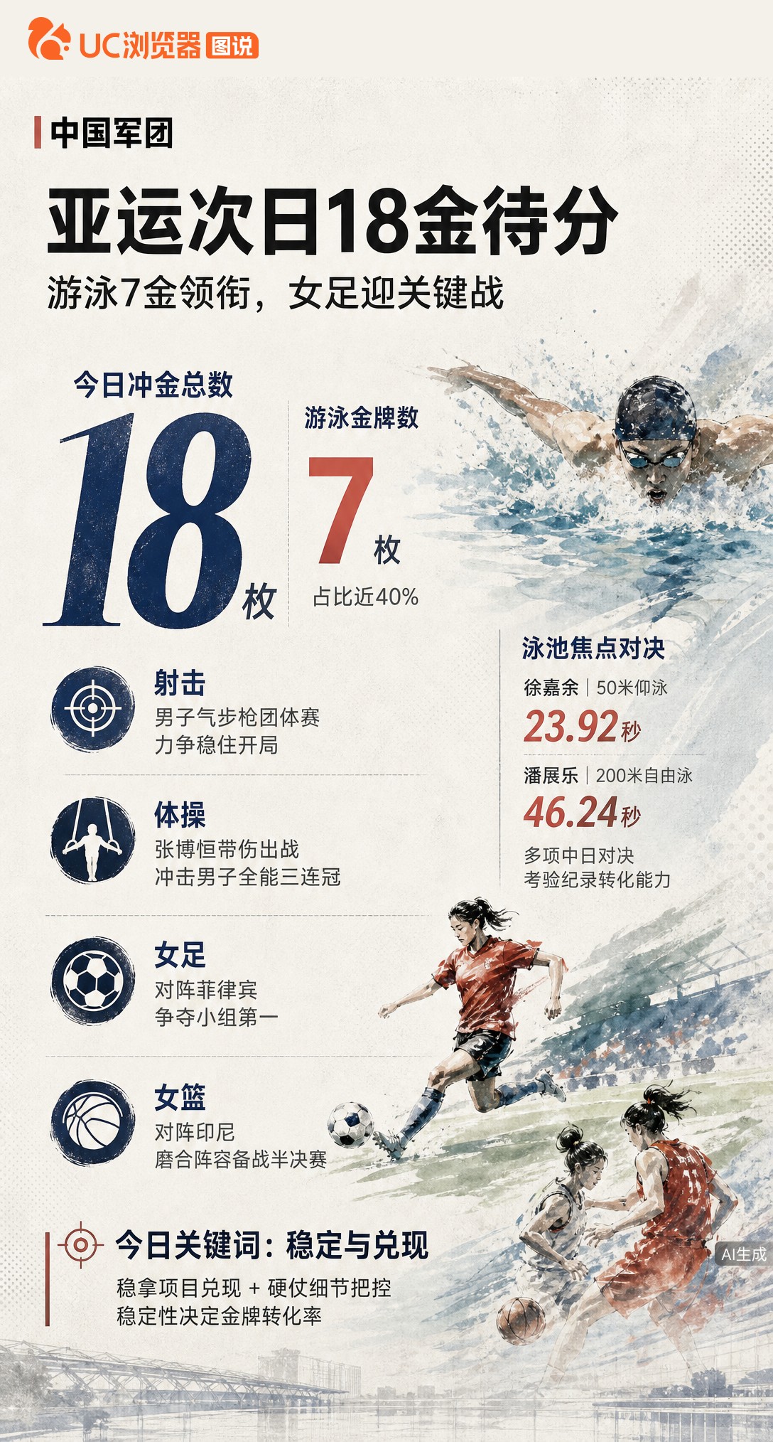 名古屋亚运21日产生18金，游泳独占7枚成冲金主力。张博恒带伤冲击体操全能三连冠，女足迎小组头名关键