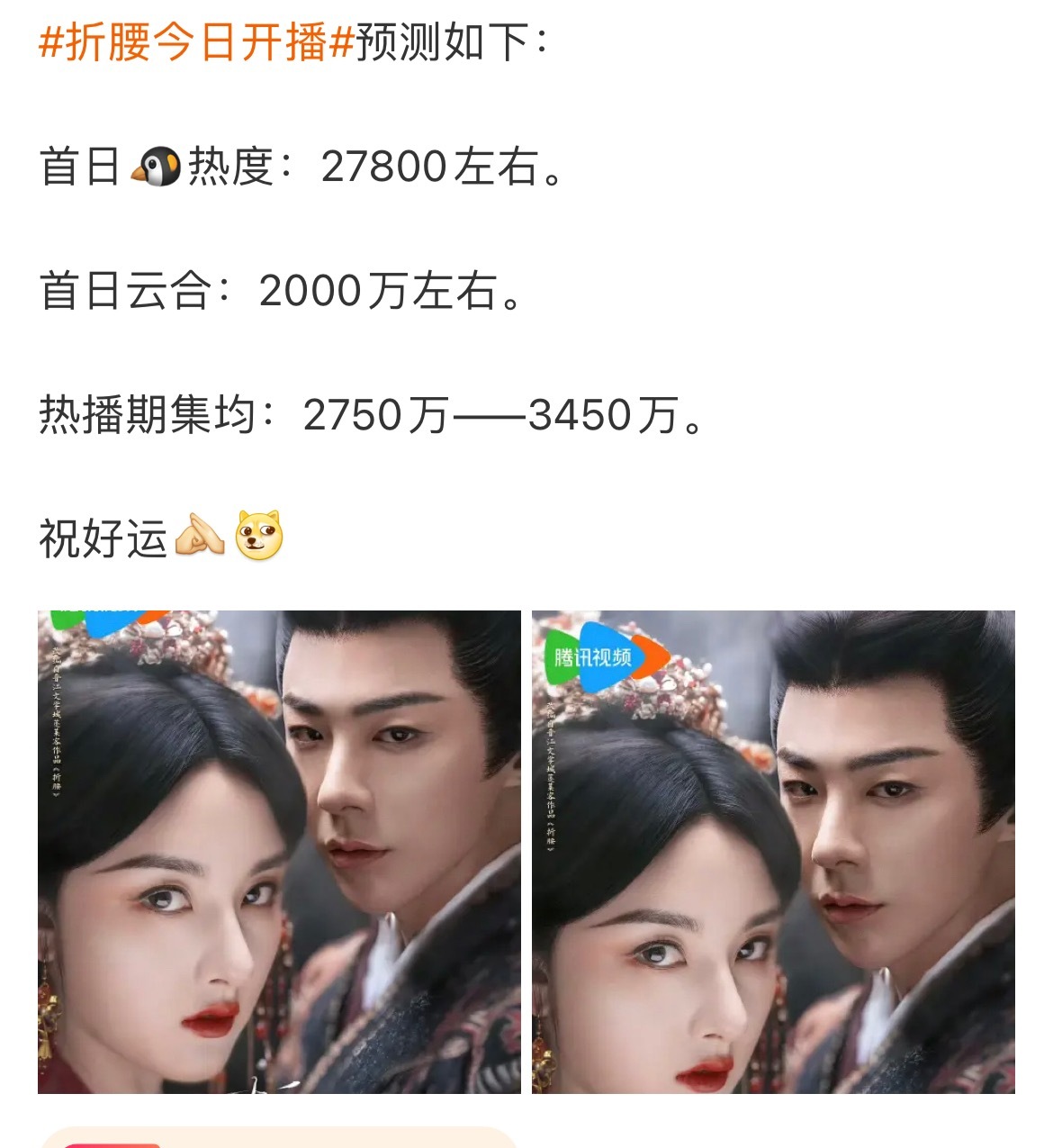 折腰今日开播我觉得首日冲上28000没啥问题云合2500+观剧主力还是在晚上，爆