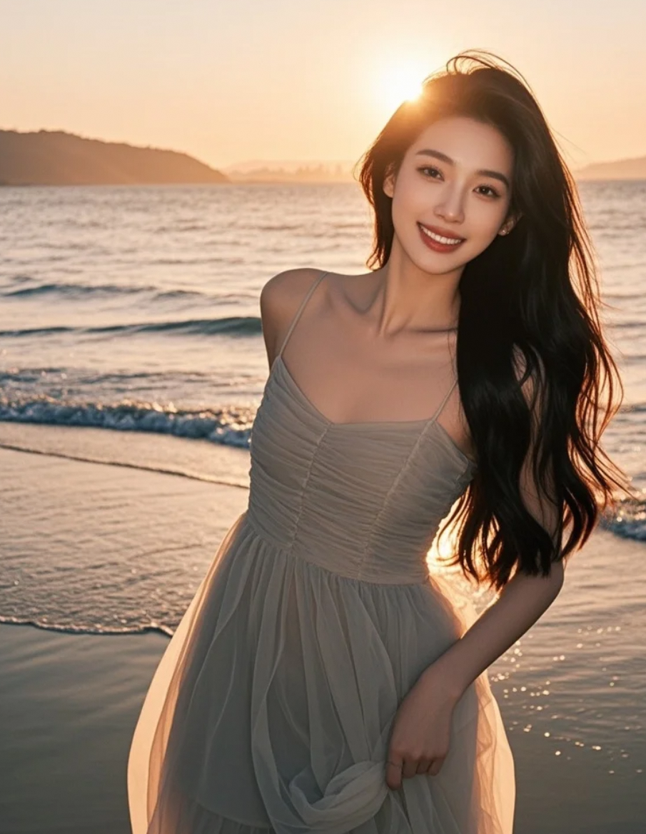 夕阳熔金，她伫立海岸，长发飘飘，笑容温柔如暖阳