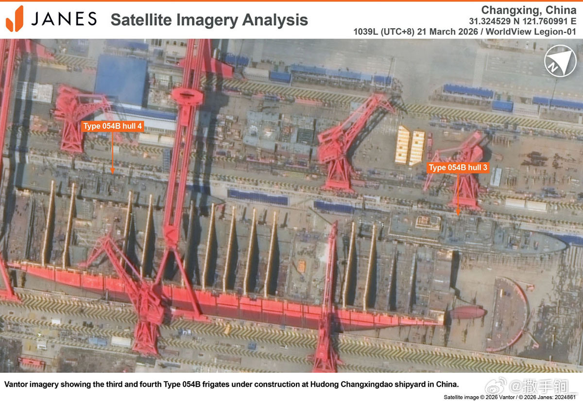 简氏称卫图显示，第四艘054B护卫舰已开始建造，紧邻第三艘。这进一步印证了此前的