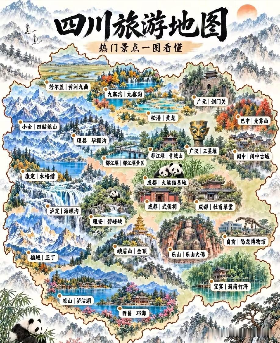 四川热门旅游景点示意图，图片里属于四川各大知名旅游景点，有想要到四川旅游的网友们