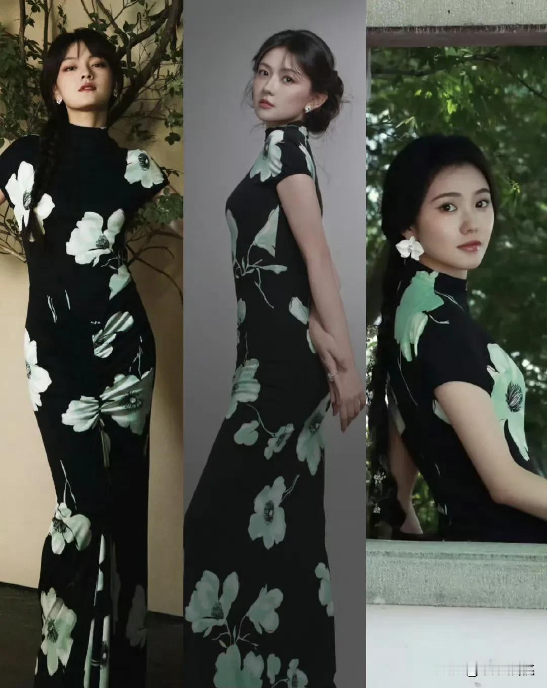 同是一件黑底绿花旗袍，穿在梁洁、刘浩存、文淇身上，三种风格大家看，都是滋滋滋好美
