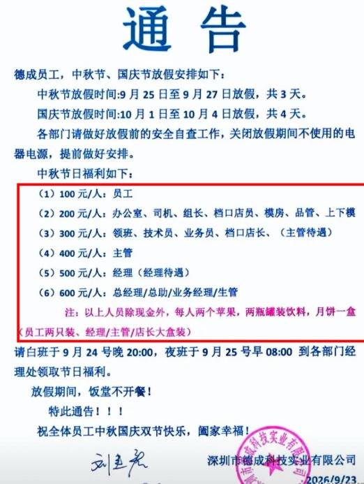 深圳有家公司发了份盖公章的中秋福利通告，被人传到网上，吵翻了。通告怎么写的呢