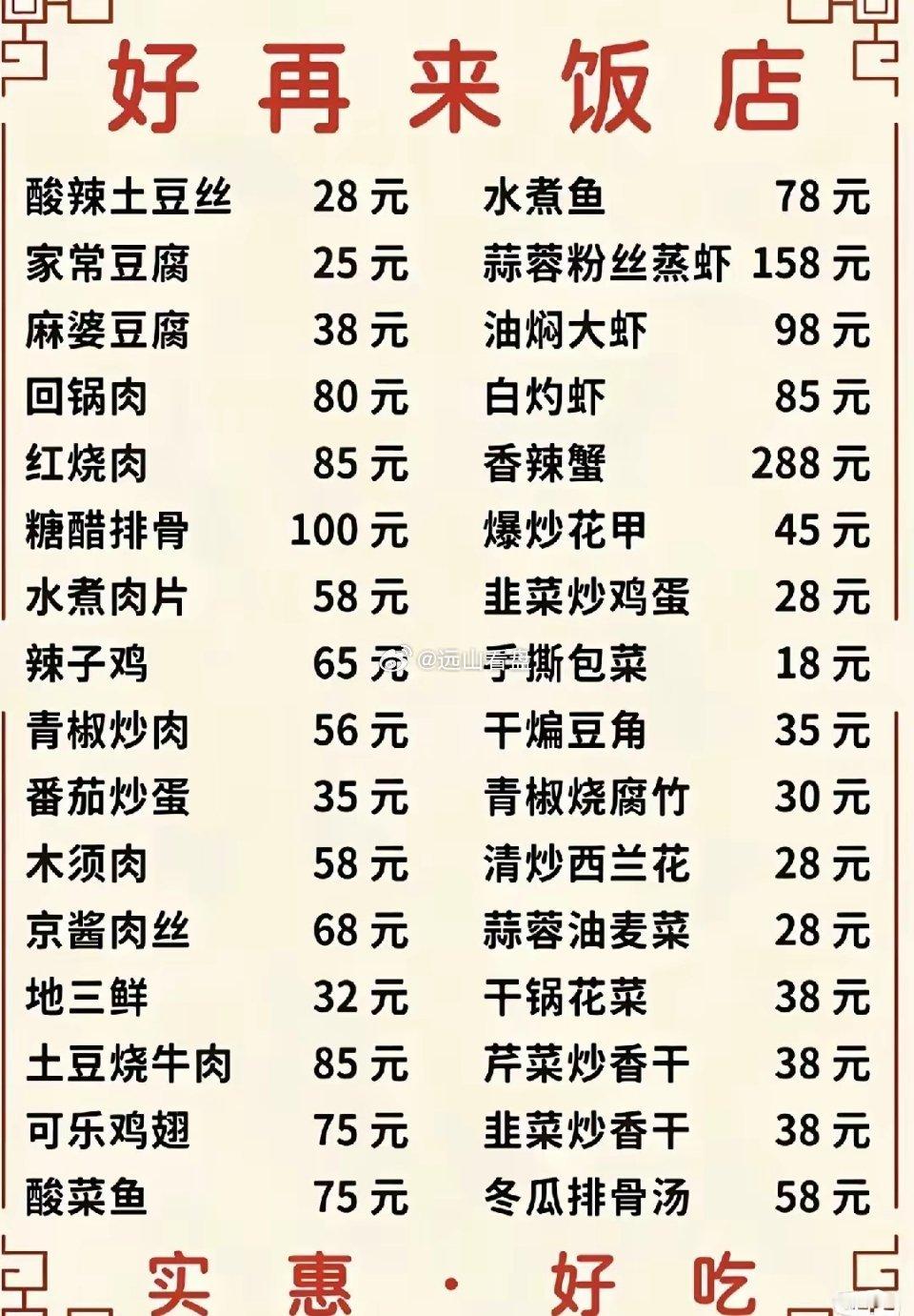 某著名景区小饭馆菜价单，你能不能接受这个价位？