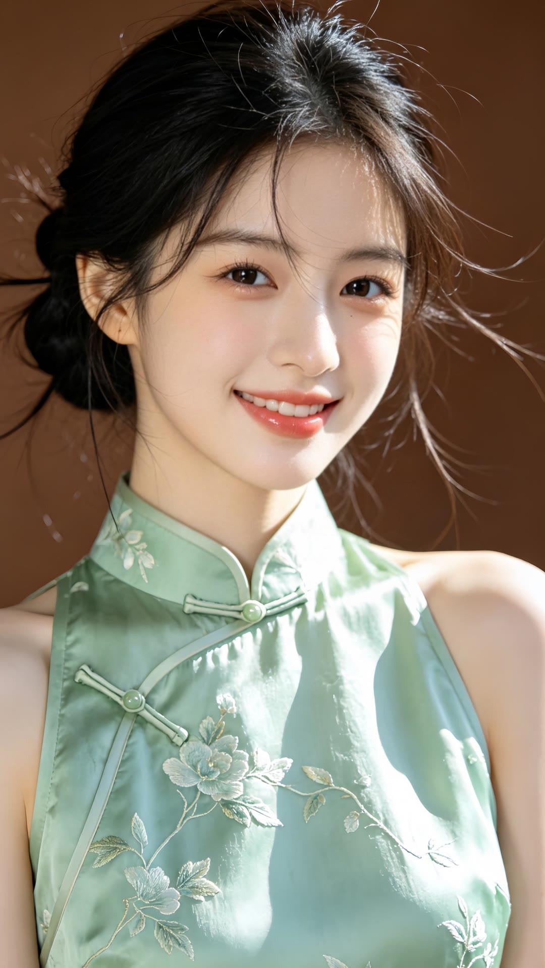 清新脱俗的少女，穿着淡绿色旗袍，笑容甜美，散发着优雅的气质。