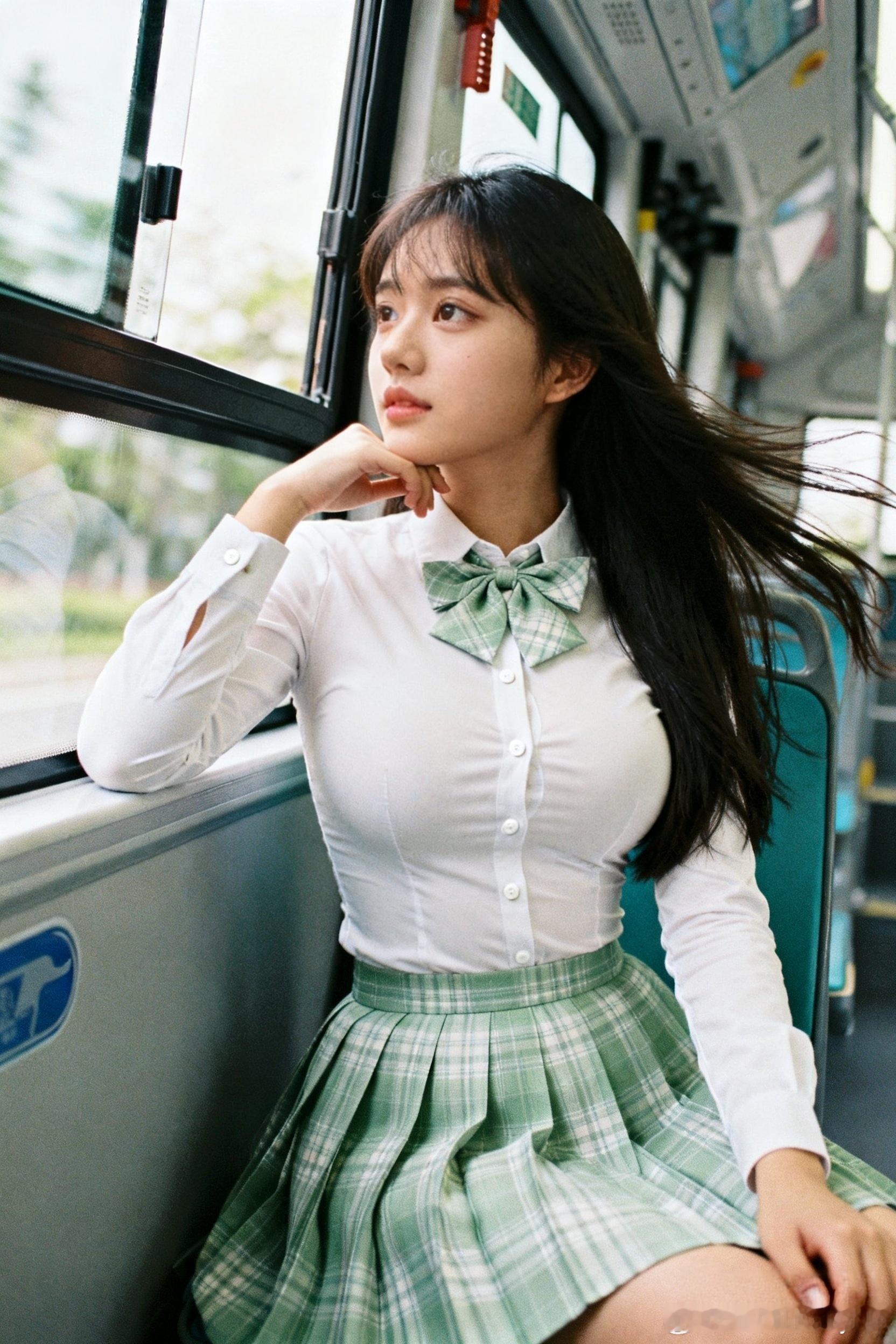 今天是绿色系，绿色是我的舒适区！今天坐公交！试试绿色系JK！行摄漫记聂小仙