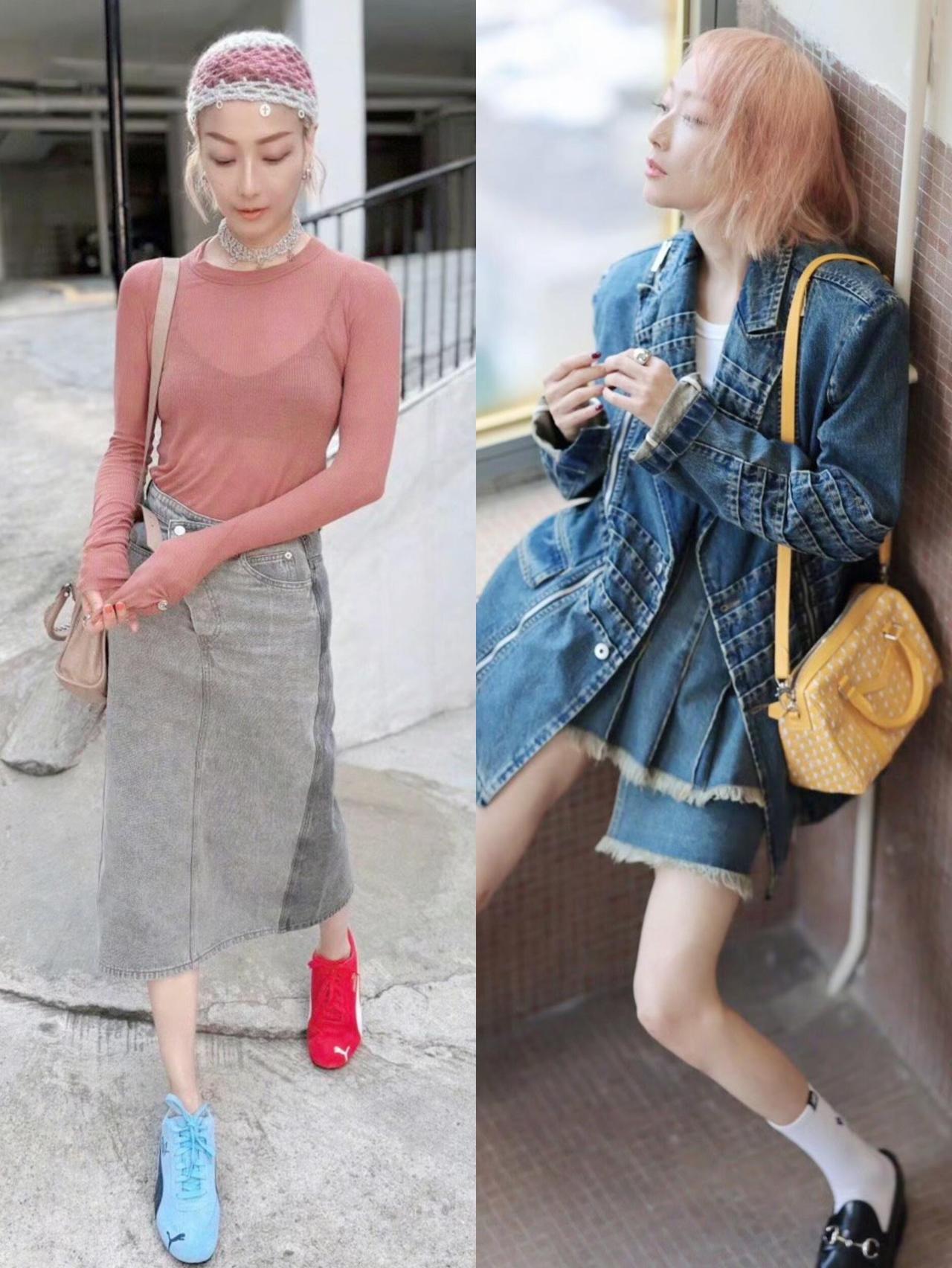 郑秀文真的很会搭，她的私服超有个性啊！从又A又飒的牛仔套装、露腰短衬衫，到混搭