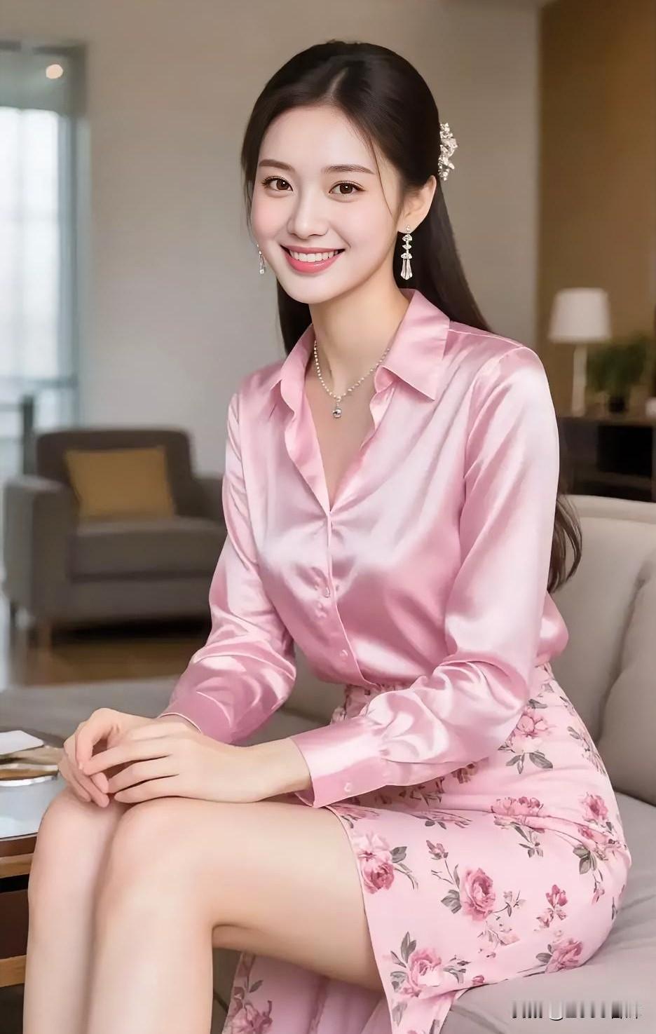 柔粉铺陈，她坐成室内的一抹春日。缎面衬衫泛着月光似的柔亮，裙上繁花吻过风的轨