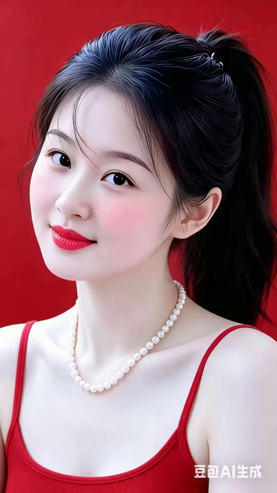 甜美少女风，珍珠项链点缀，红衣惊艳！💖✨