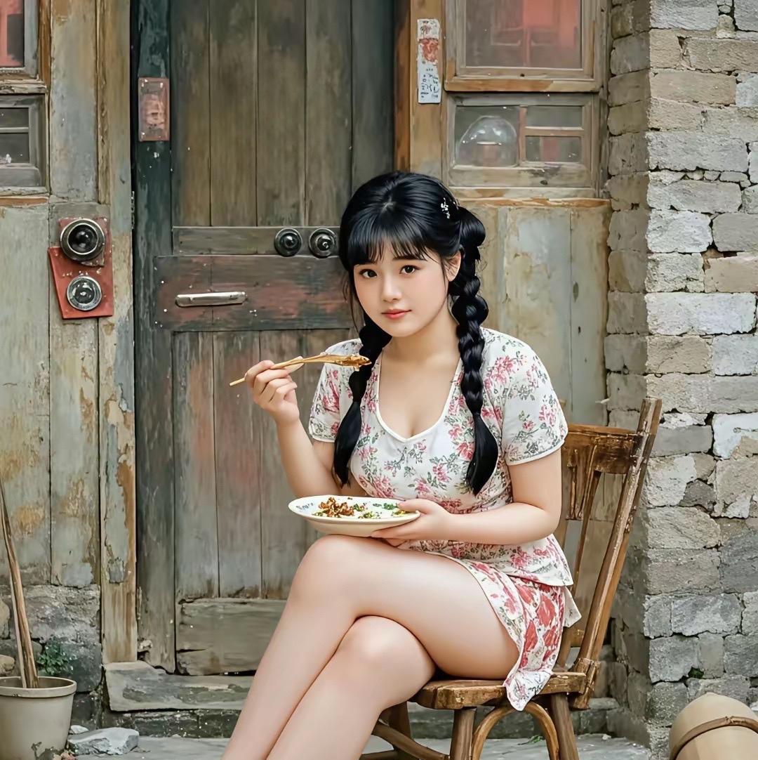 老木门框为景，碎花裙裹着青春，竹筷夹起家常味。旧时光漫过石墙，她在烟火里静坐，把