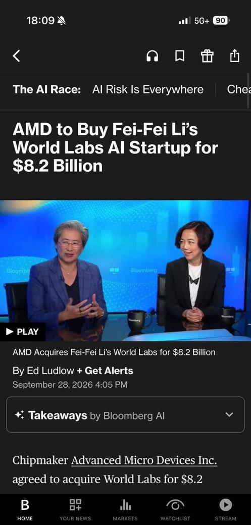 AMD以82亿美元的估值收购李飞飞创立的AI企业WorldLab。Worl