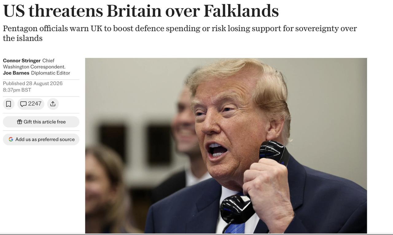 据英国媒体《每日电讯报》报道，美国威胁英国：除非英国首相安迪·伯纳姆增加国防开支