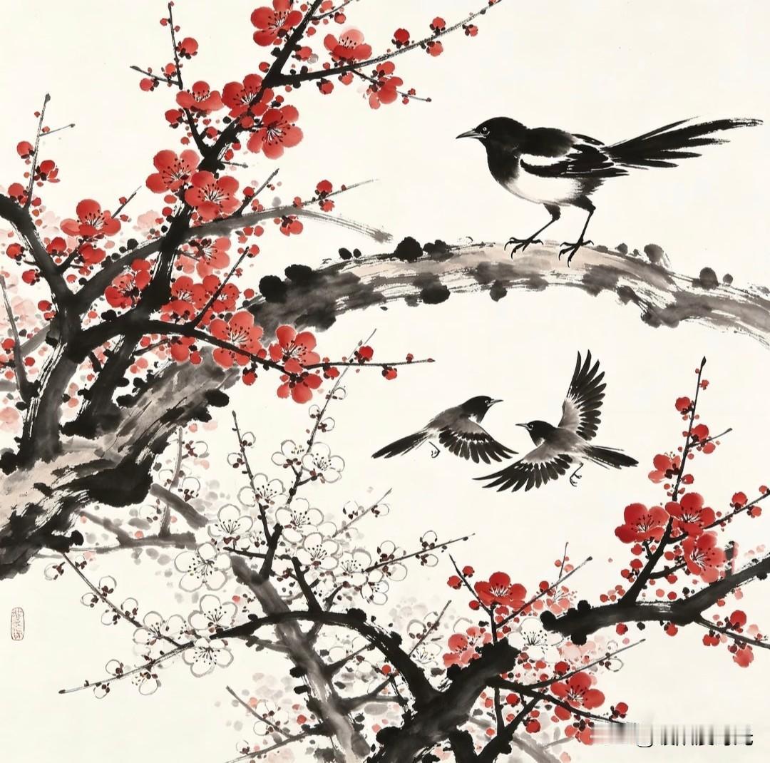 梅鹊报喜，水墨传情迎好运。小画拾光国画素材分享喜鹊梅花图花鸟梅花国画