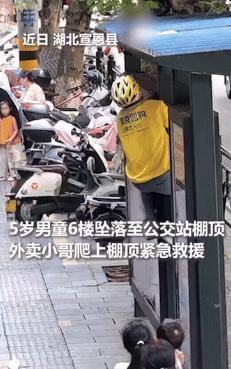 “没想到上人民日报了！”一个外卖小哥送餐途中突然爬上公交站棚顶，附近的人以为他帮