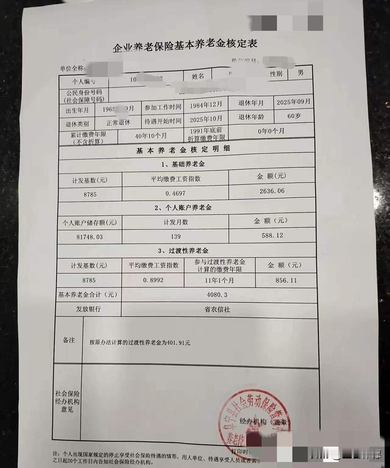 这份自由职业者（单宁）的养老保险养老金核定表，展现了梅先生按60岁正常退休后每月