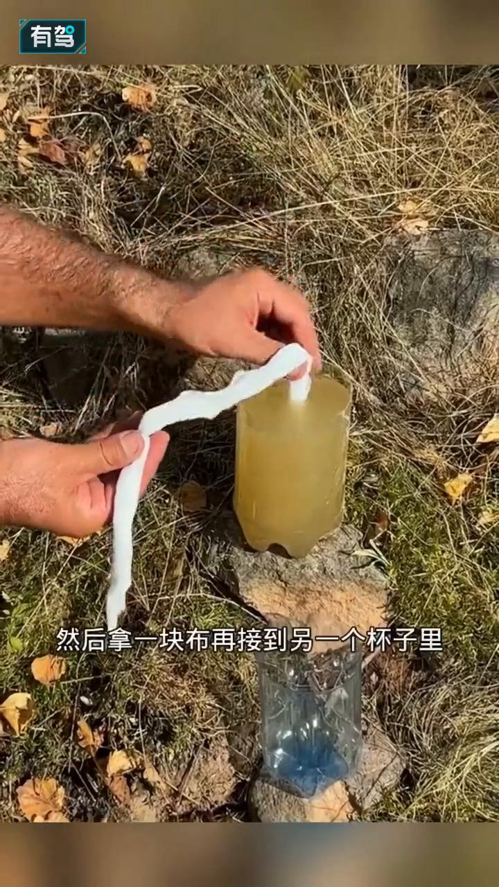 过滤的河水。只见大哥用一个塑料瓶在小水沟里舀了一杯水，就放在了石头上，然后拿一