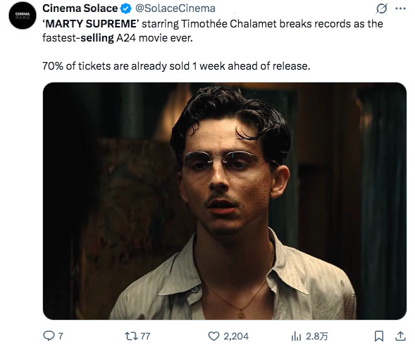 TNABO《至尊马蒂》创下A24历史最快预售纪录，超过65个放映场次售罄，70