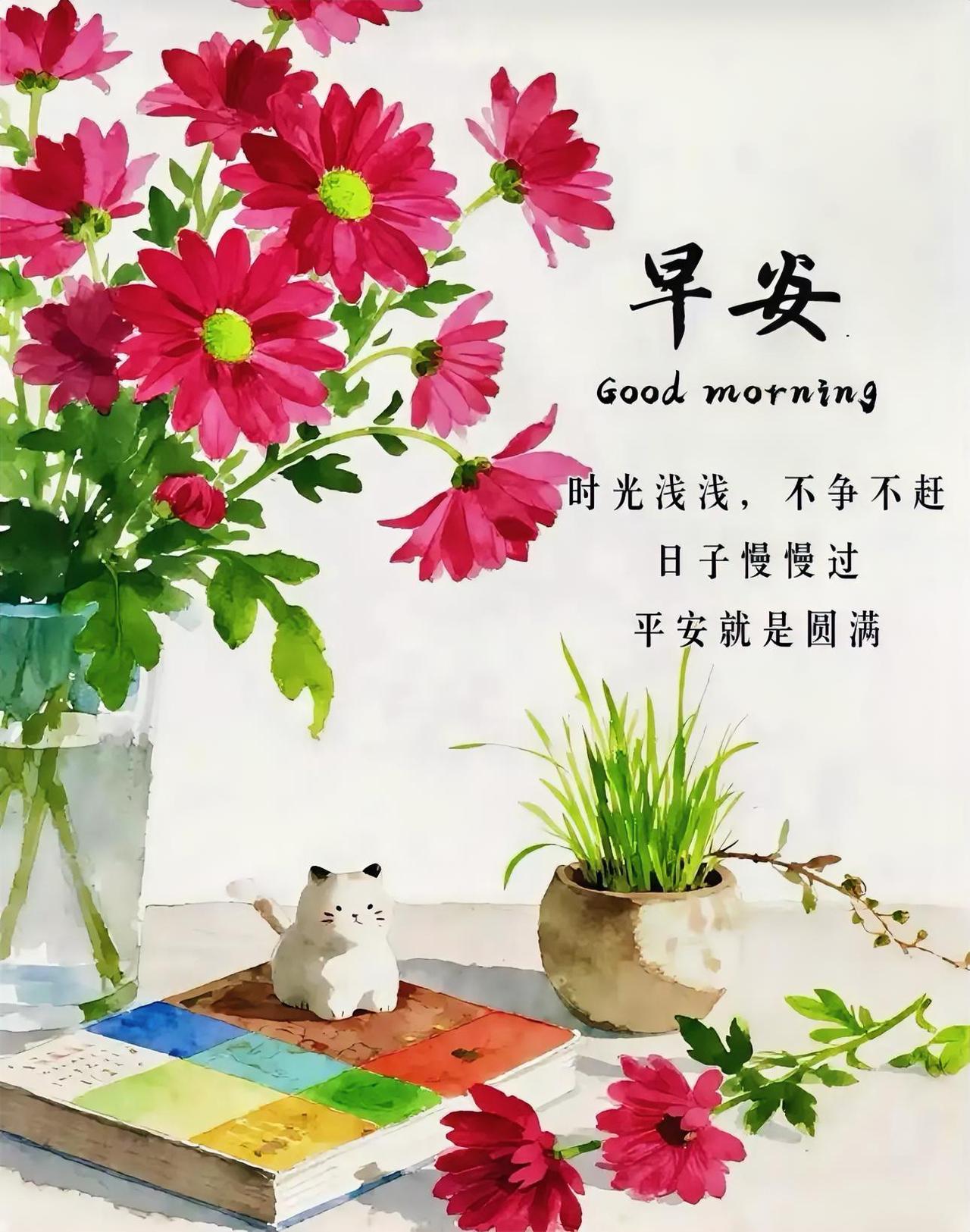 早安！赏花开，逗小猫。不争不赶，慢享生活，把日子过成诗，平安即圆满！