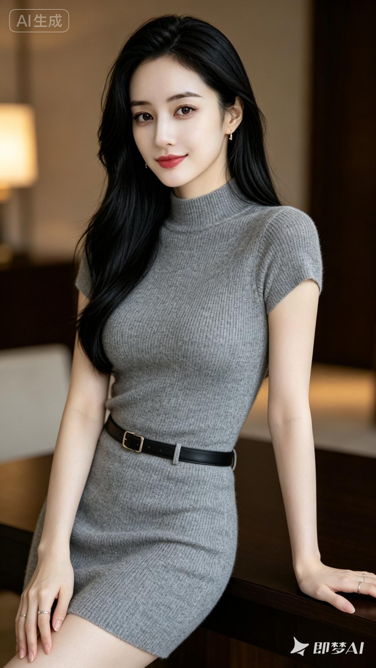 优雅气质穿搭，灰色连衣裙搭配黑色腰带，尽显时尚魅力！