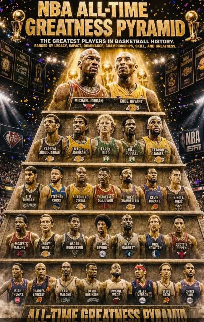 美媒这个最新的NBA历史地位金字塔排名，争议不小。第一、乔丹和科比并列塔尖，