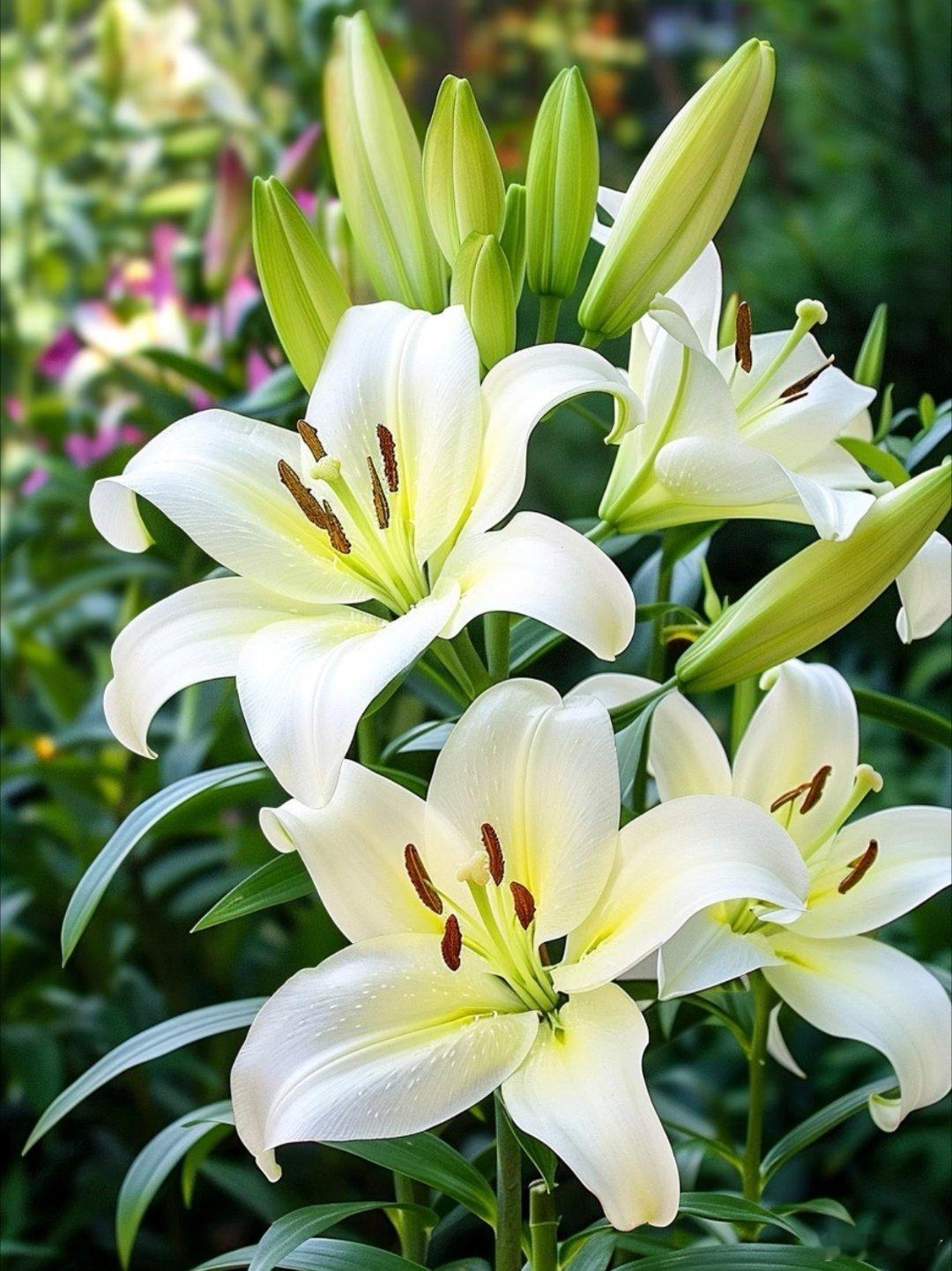 【百合花】通常花瓣宽大，呈喇叭状，颜色多样有白、粉、黄等，叶片翠绿，花香清幽，象