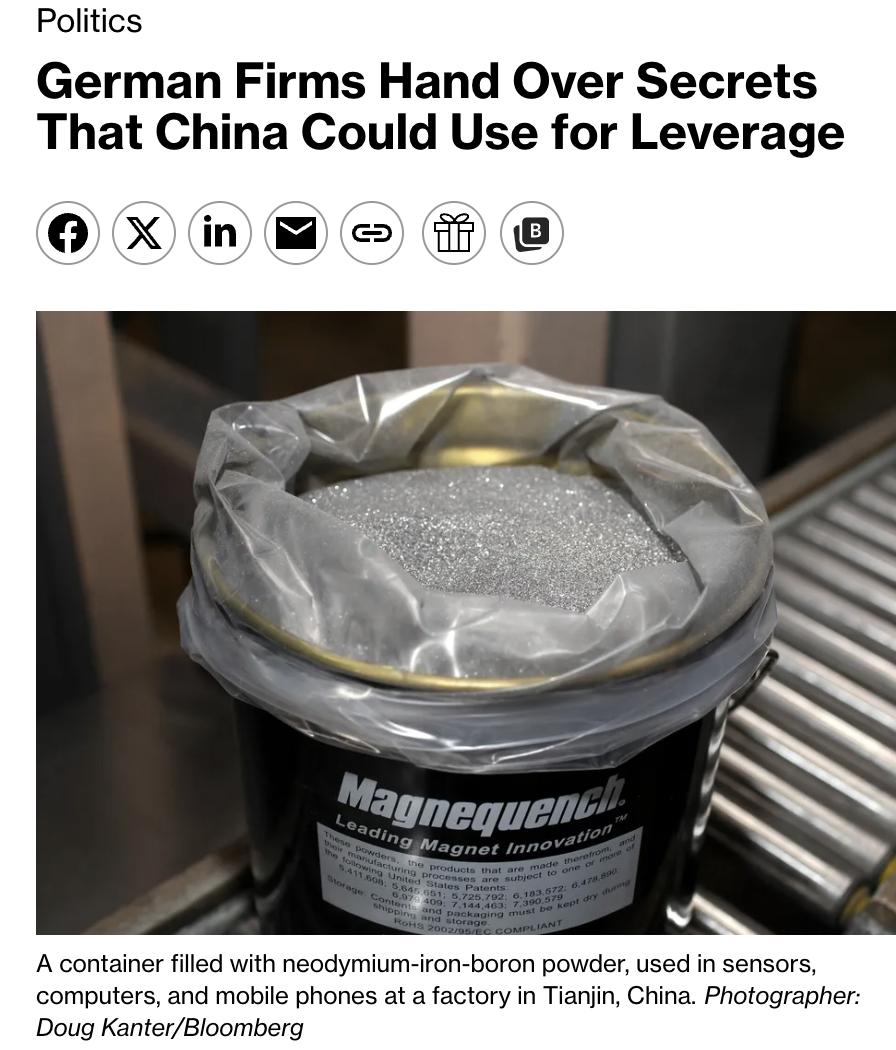 美媒:德国企业在应对中国对稀土的新管控时,向中国提供了敏感的供应链信息,这些信息
