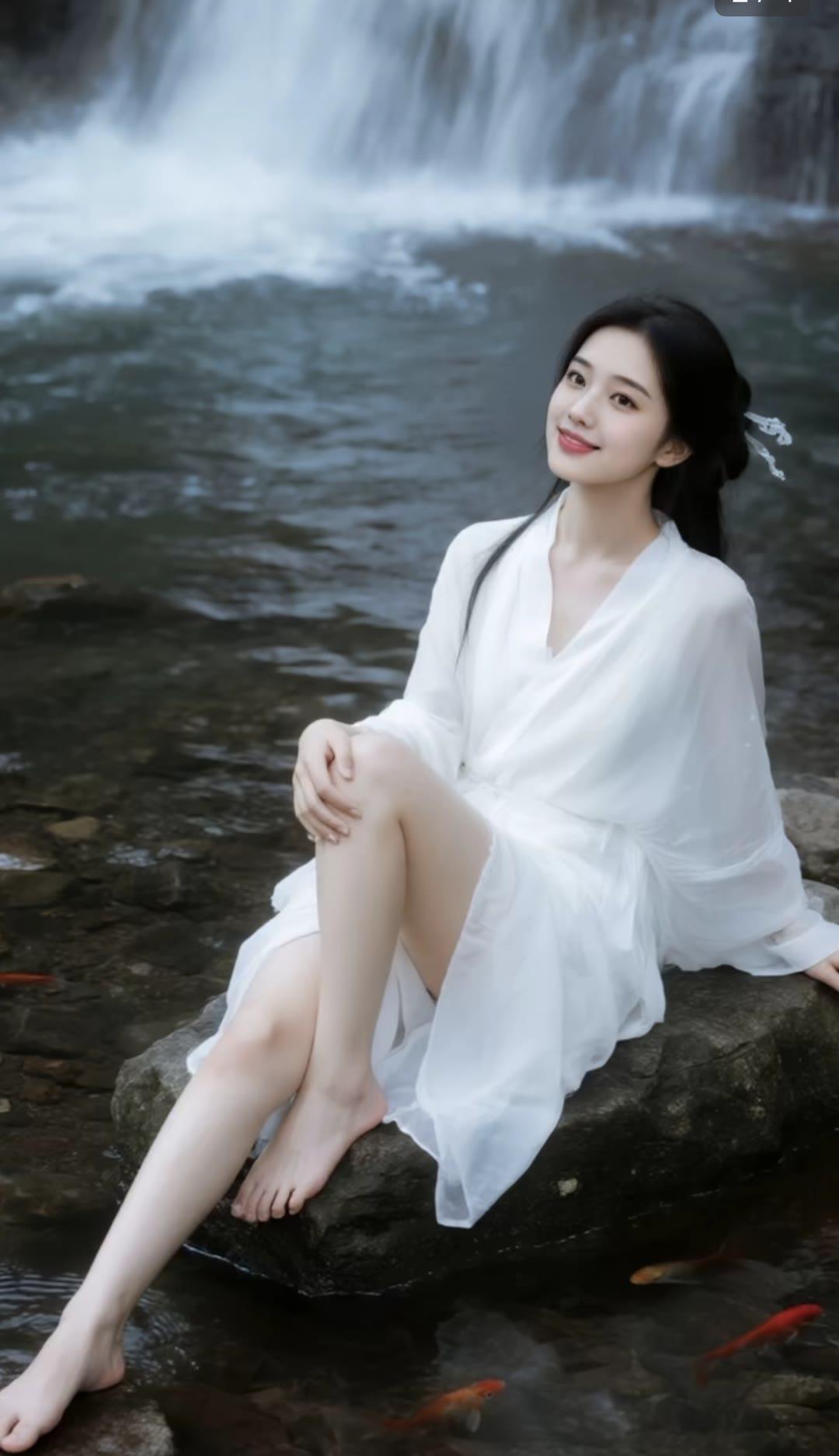 仙气飘飘的瀑布旁，白衣少女静坐，宛如画中仙子。