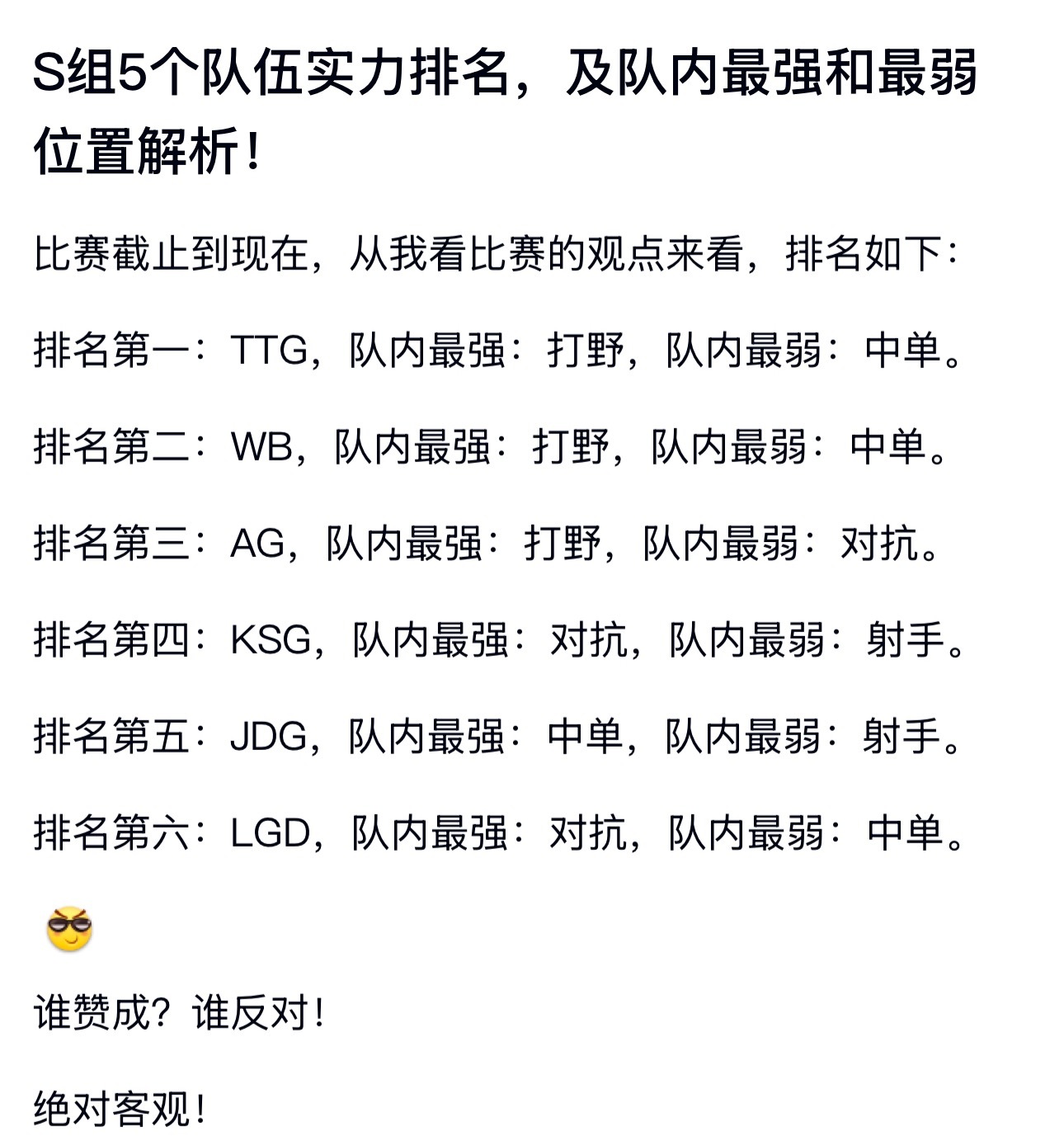 kplk吧热议S组5个队伍实力排名，及队内最强和最弱位置解析！