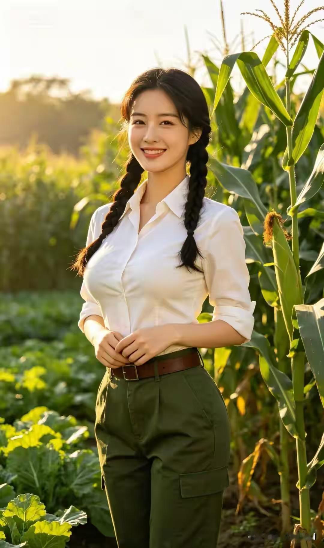 题复古佳人素衫雅衬工装碧，体态雍和韵自娴。静立嫣然含温婉，东方风韵落眉间