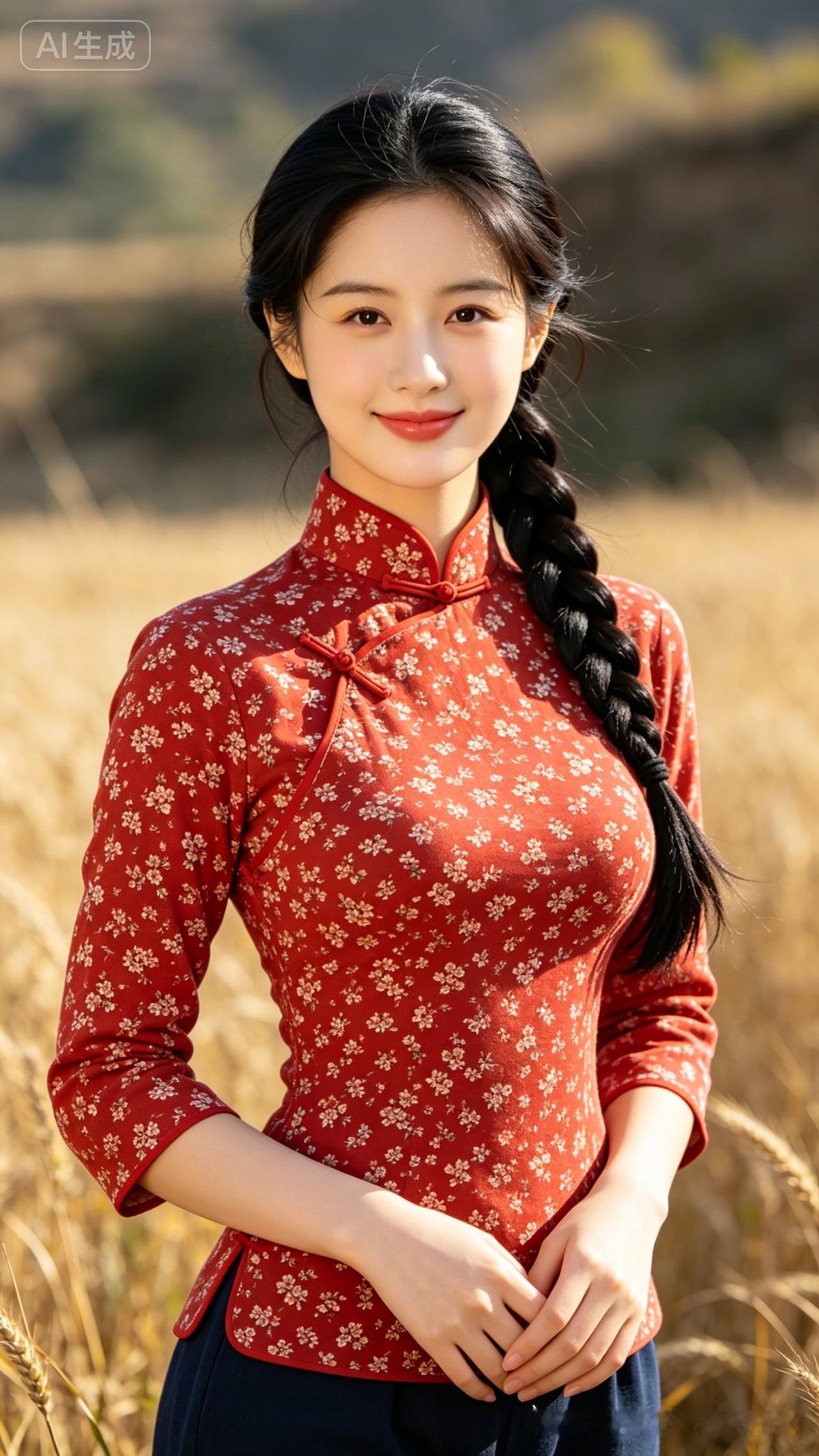 复古旗袍少女，田野里的优雅时光🌾💐