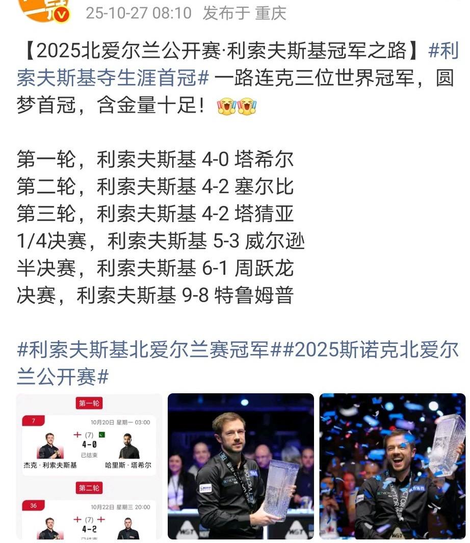 利索夫斯基这个冠军含金量挺高的，一路连克3位世界冠军，击败三位世界前十，还有本赛