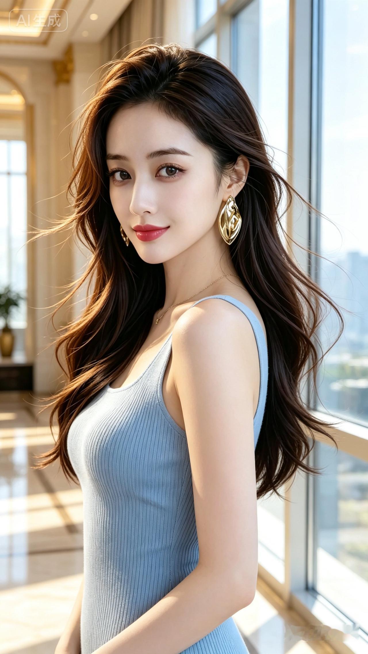 优雅蓝裙少女，金色耳环闪耀，阳光洒进窗台，美不胜收！