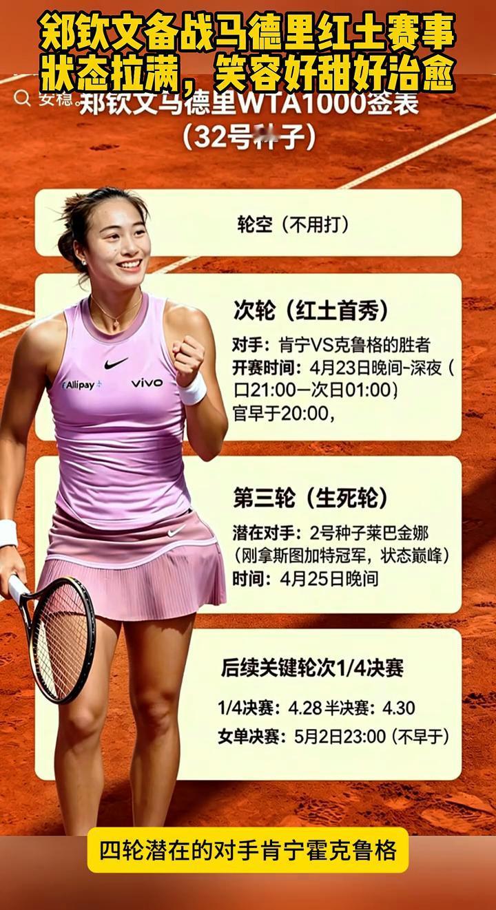 郑钦文备战马德里红土赛事。来了来了，郑钦文亮相马德里备战红土赛事，一身纯白战衣