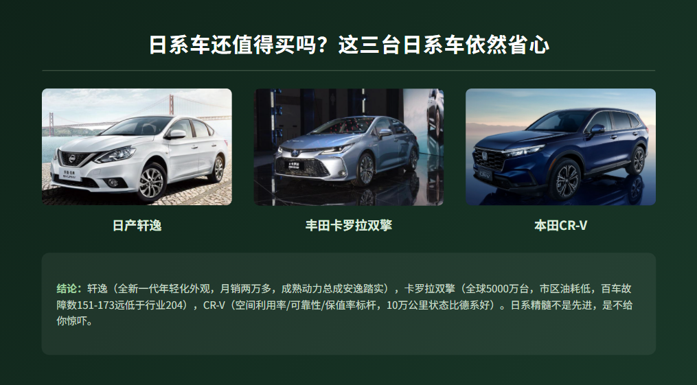 日系车还值得买吗？这三台日系车依然省心新能源车渗透率都过半了，日系车还值得买吗？我的答案是：如果你在