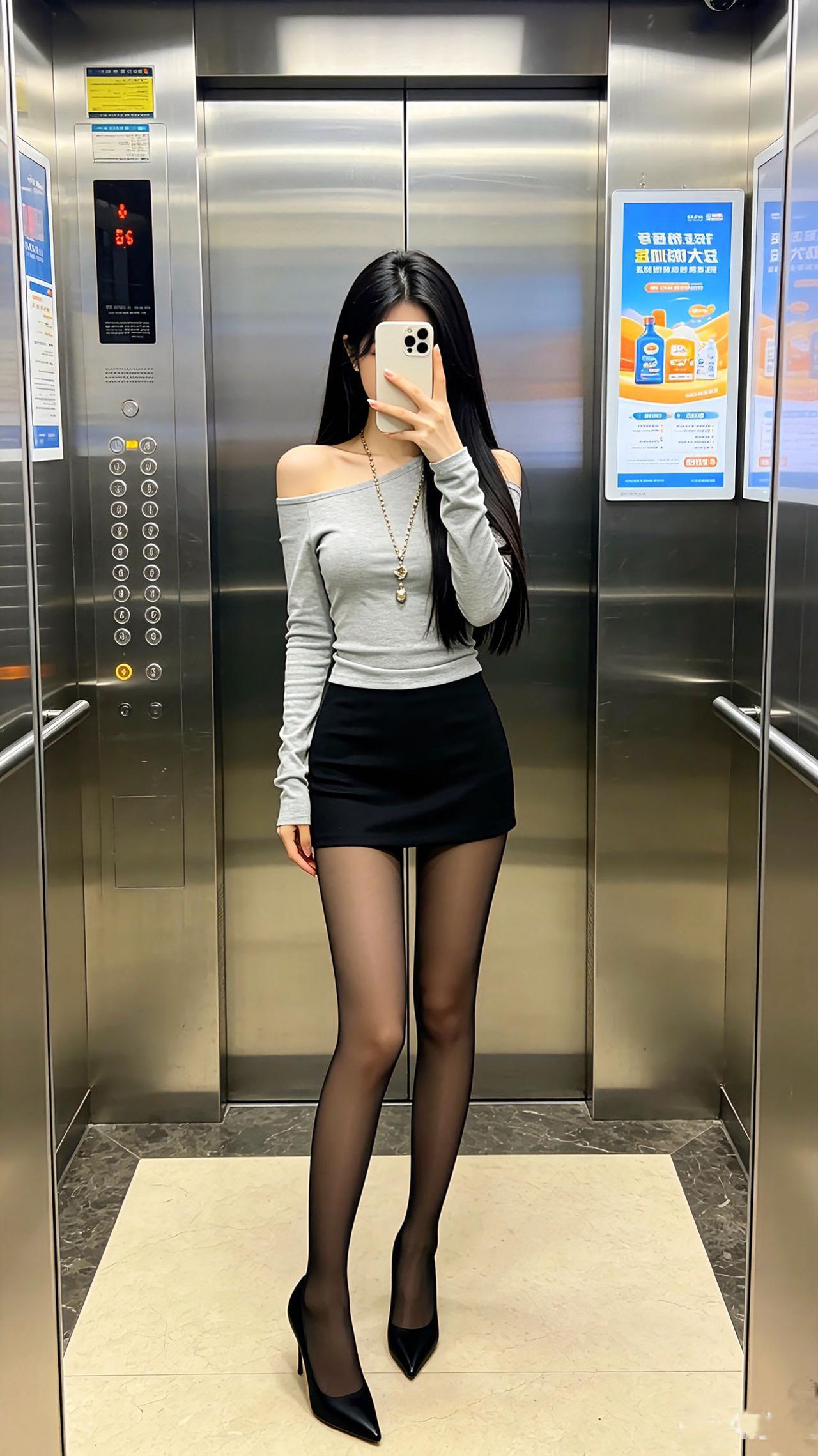 这种媚而不俗的轻熟风你们爱了吗？电梯间里，灰露肩衫裹着柔媚小性感，黑短裙一搭又添