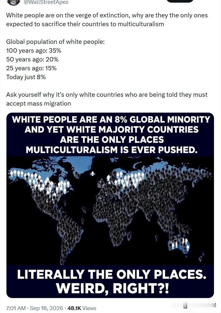白人正濒临消亡，为什么唯独要求他们牺牲自己的国家，去接纳多元文化？全球白人