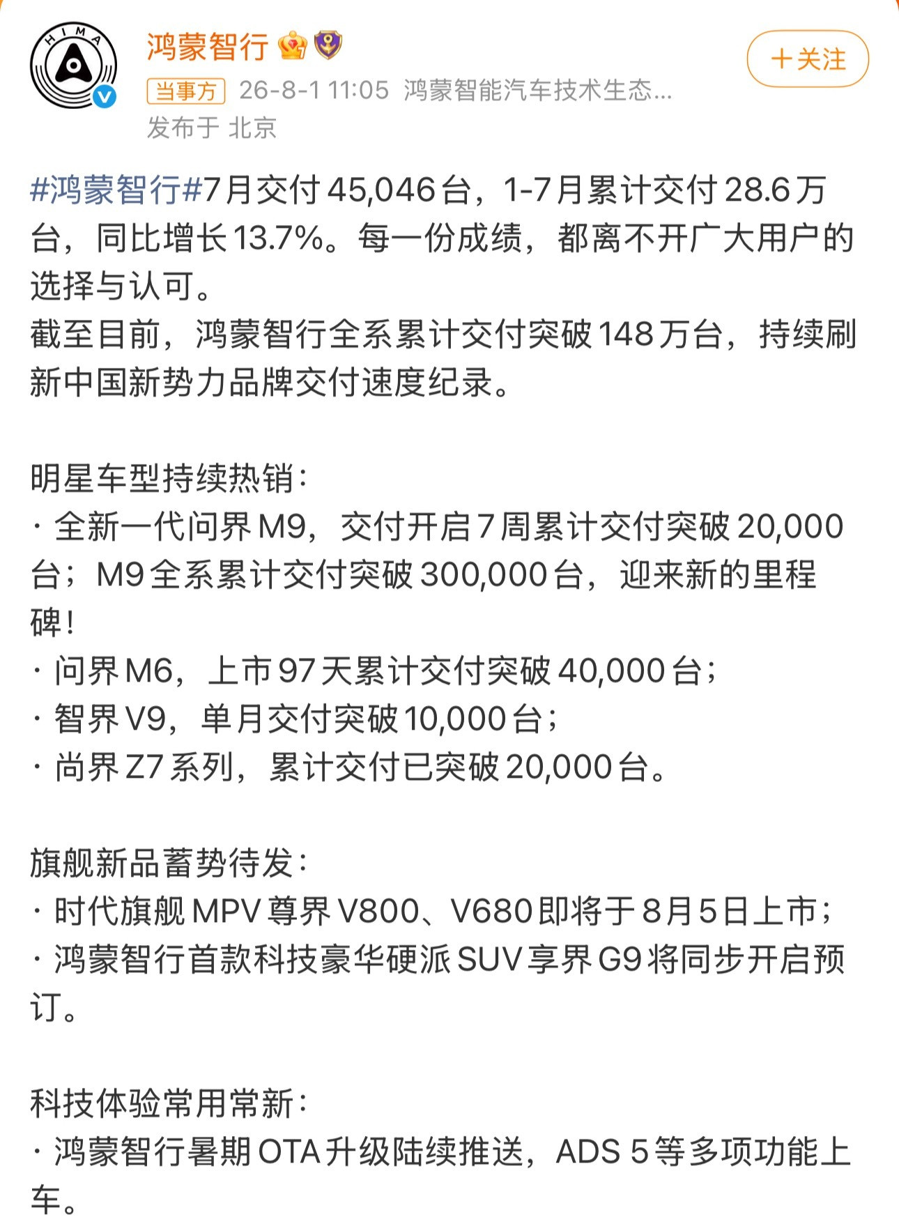 鸿蒙智行7月交付45046台要这么算，这交付体量和品牌热度相比，也不太行呀，5个
