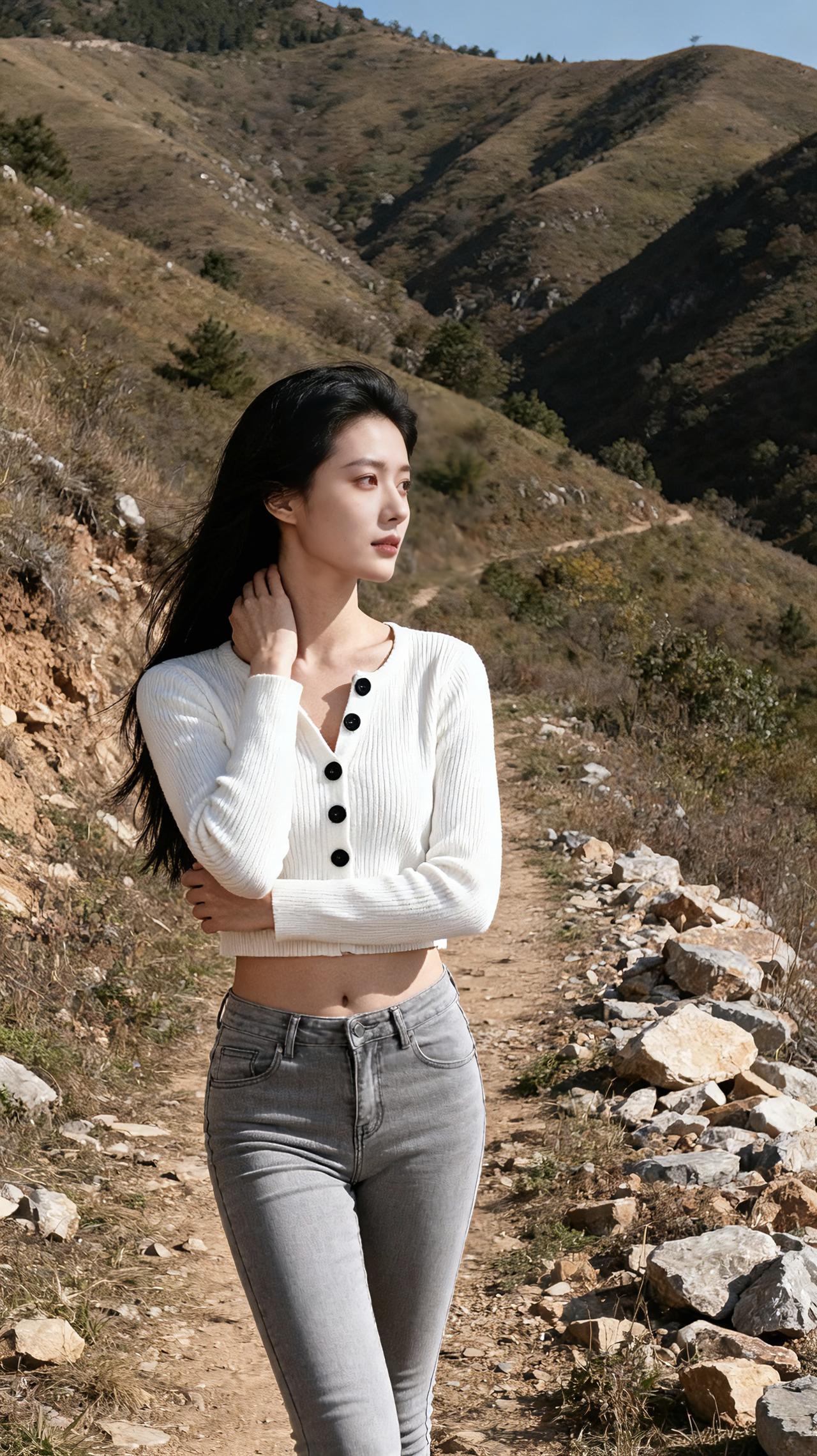 山间小路，白衣少女，自然清新，阳光明媚